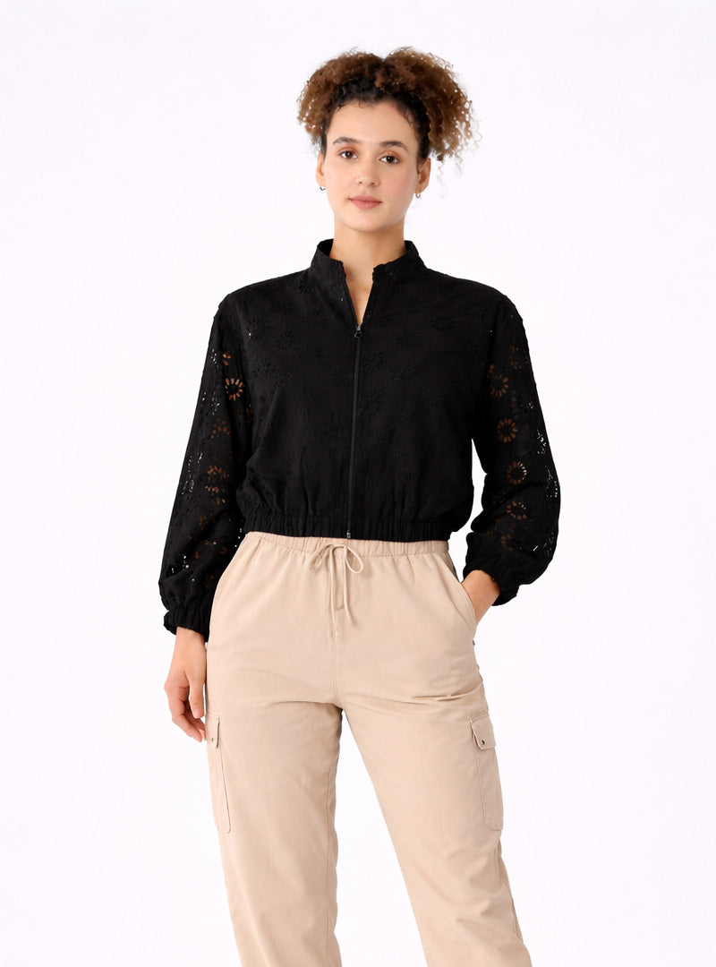 Black Schiffli Bomber Jacket