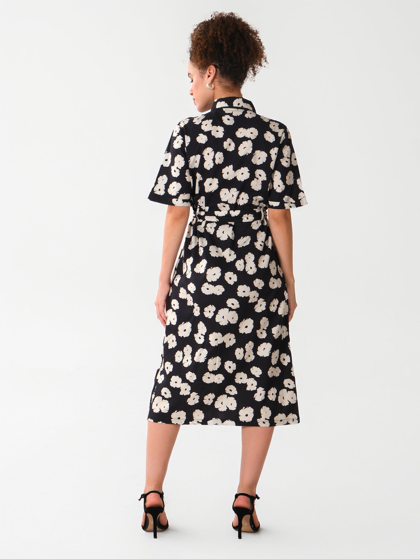 Black & Ivory Floral Printed Midi Shirt Dress