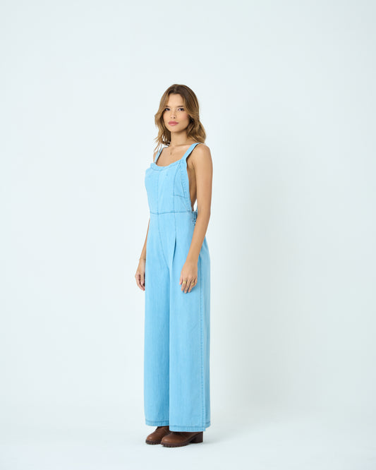 Light Blue Denim Wide-Leg Jumpsuit