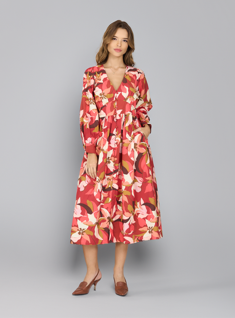 Abstract Floral Printed Midi Dress