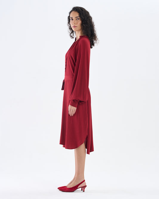 Crimson Red Belted Midi Dress