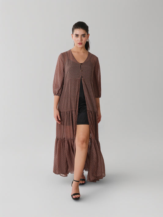 Coffee Brown Printed Tiered Maxi Dress