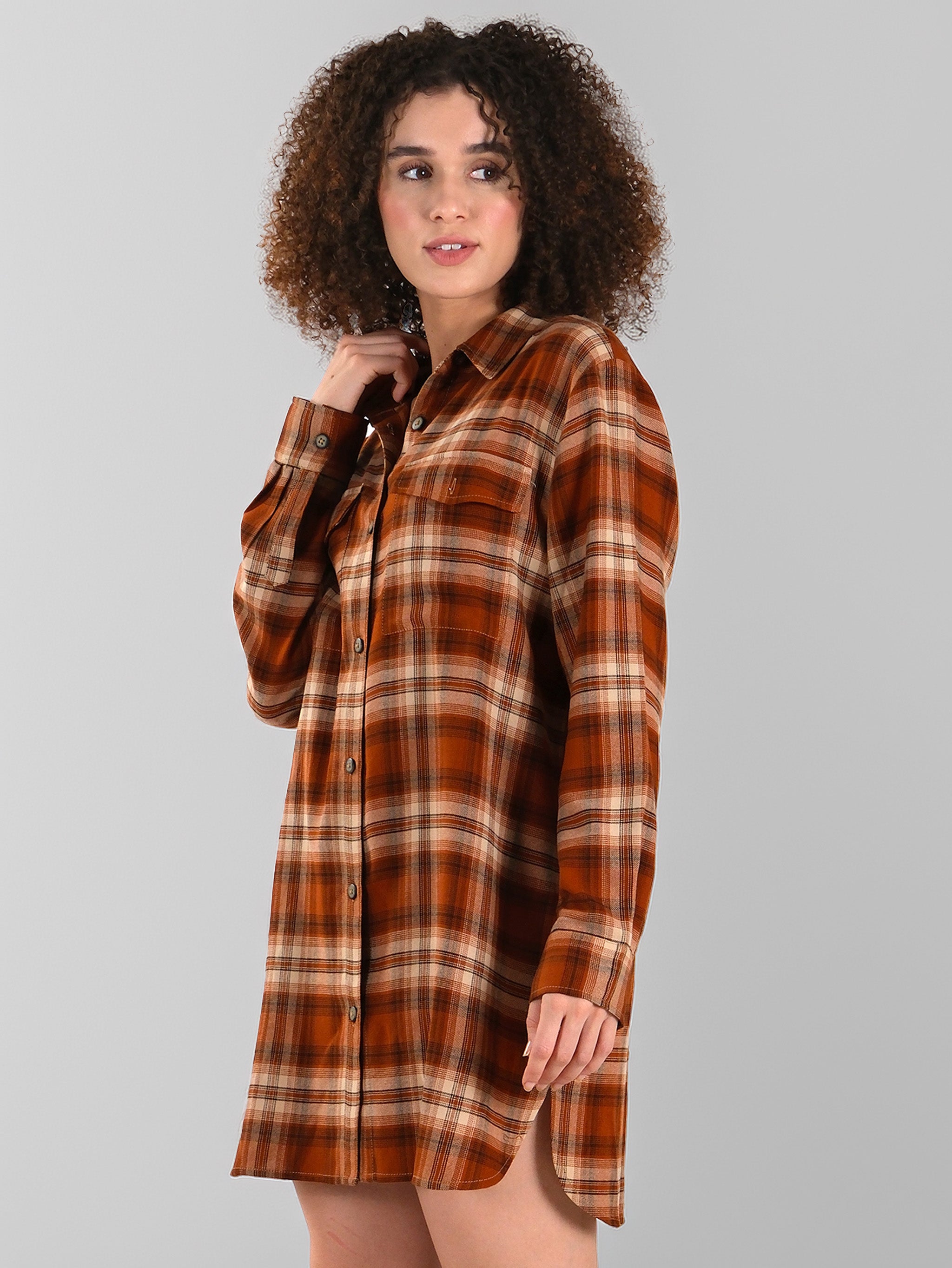 Rust Checked Flannel Shirt Dress