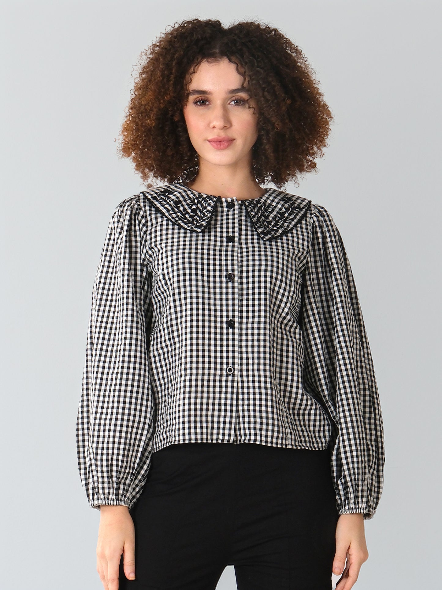 Monochrome Gingham Puff Sleeve Shirt