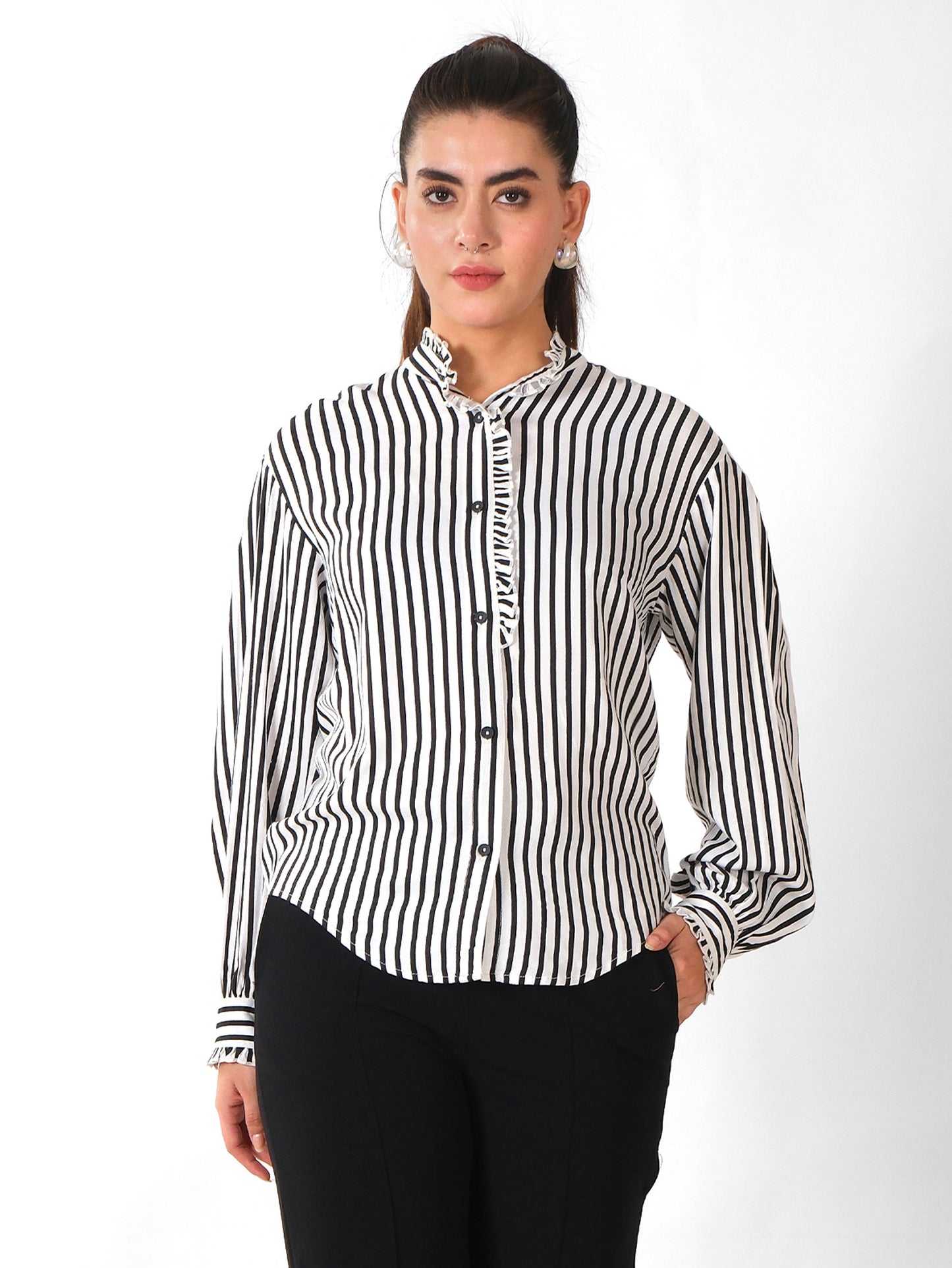 Black & White Vertical Striped Ruffle Collar Shirt