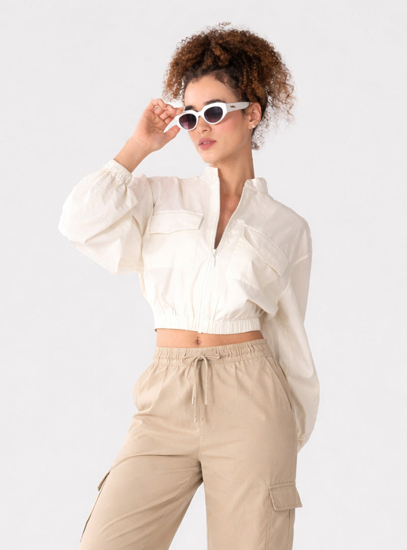 Ivory Cropped Zip-Up Jacket