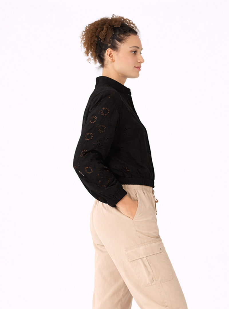 Black Schiffli Bomber Jacket