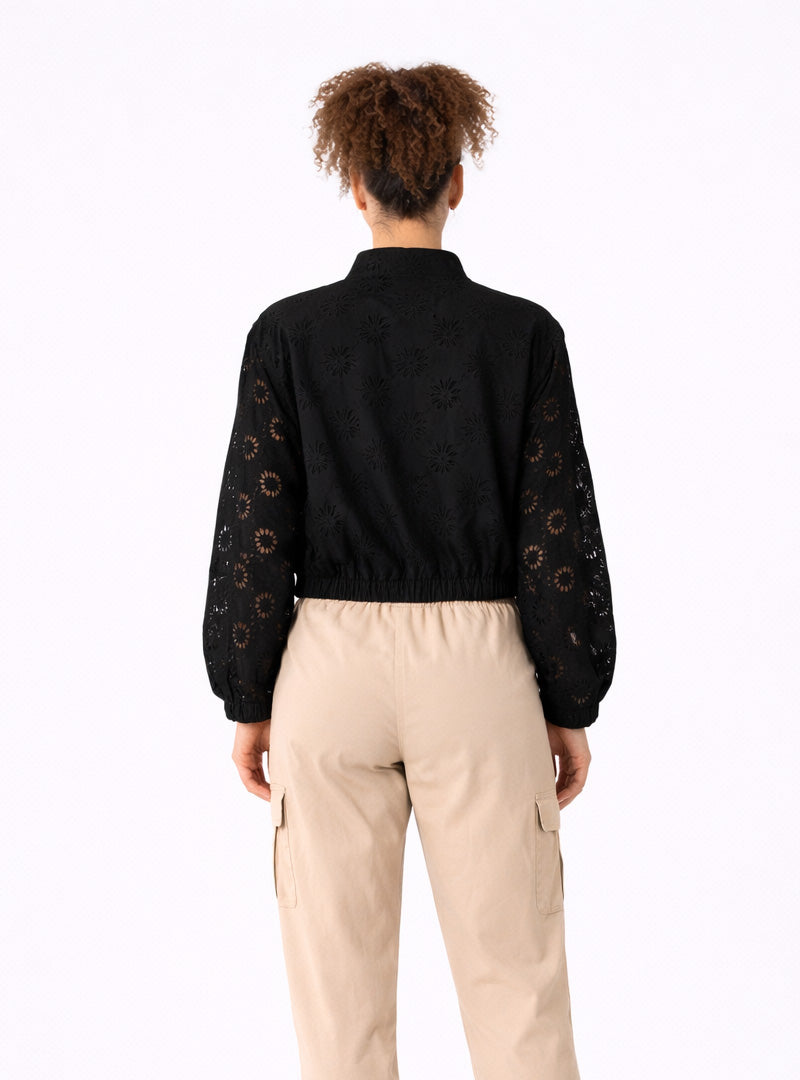 Black Schiffli Bomber Jacket