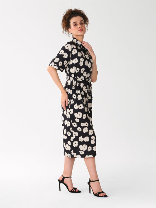 Black & Ivory Floral Printed Midi Shirt Dress