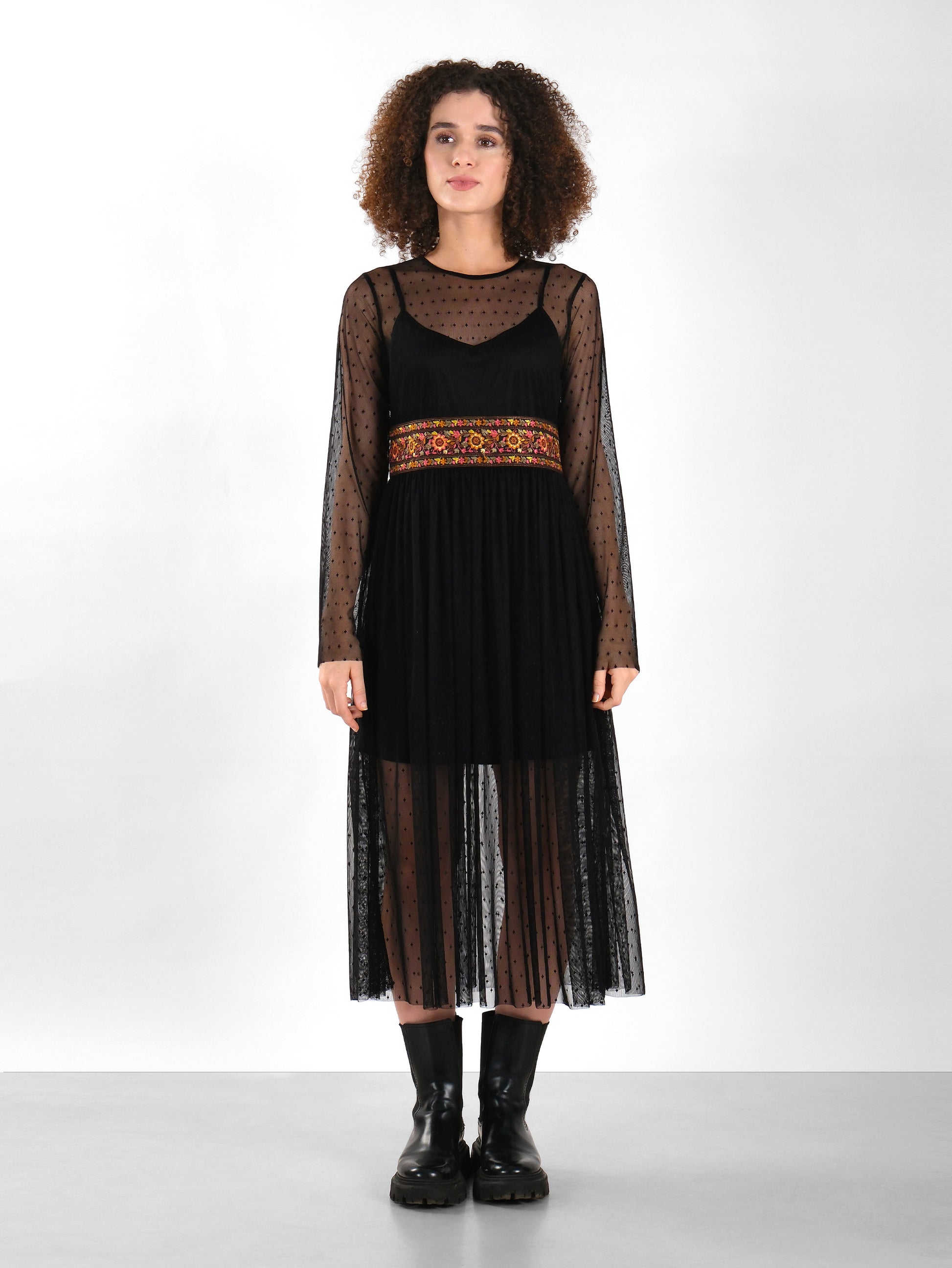 Embroidered Waist Sheer Mesh Black Dress