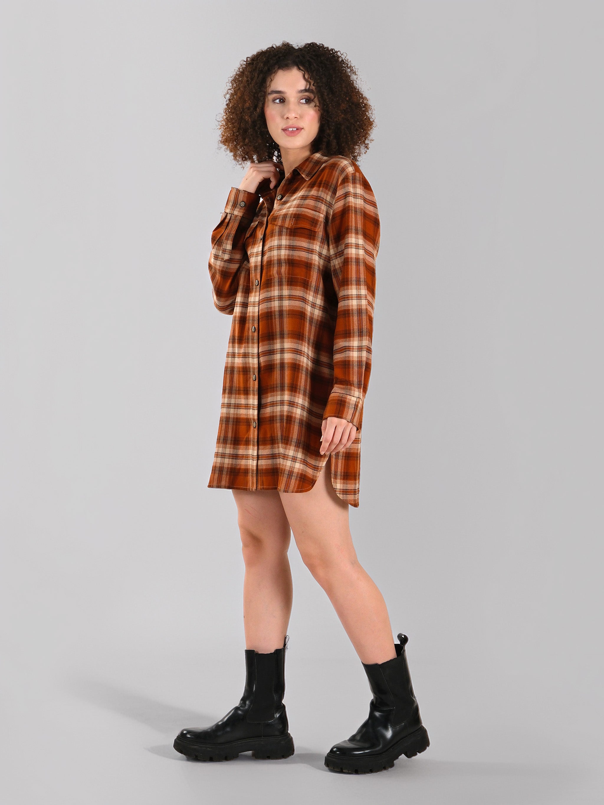 Robe chemise en flanelle à carreaux rouille