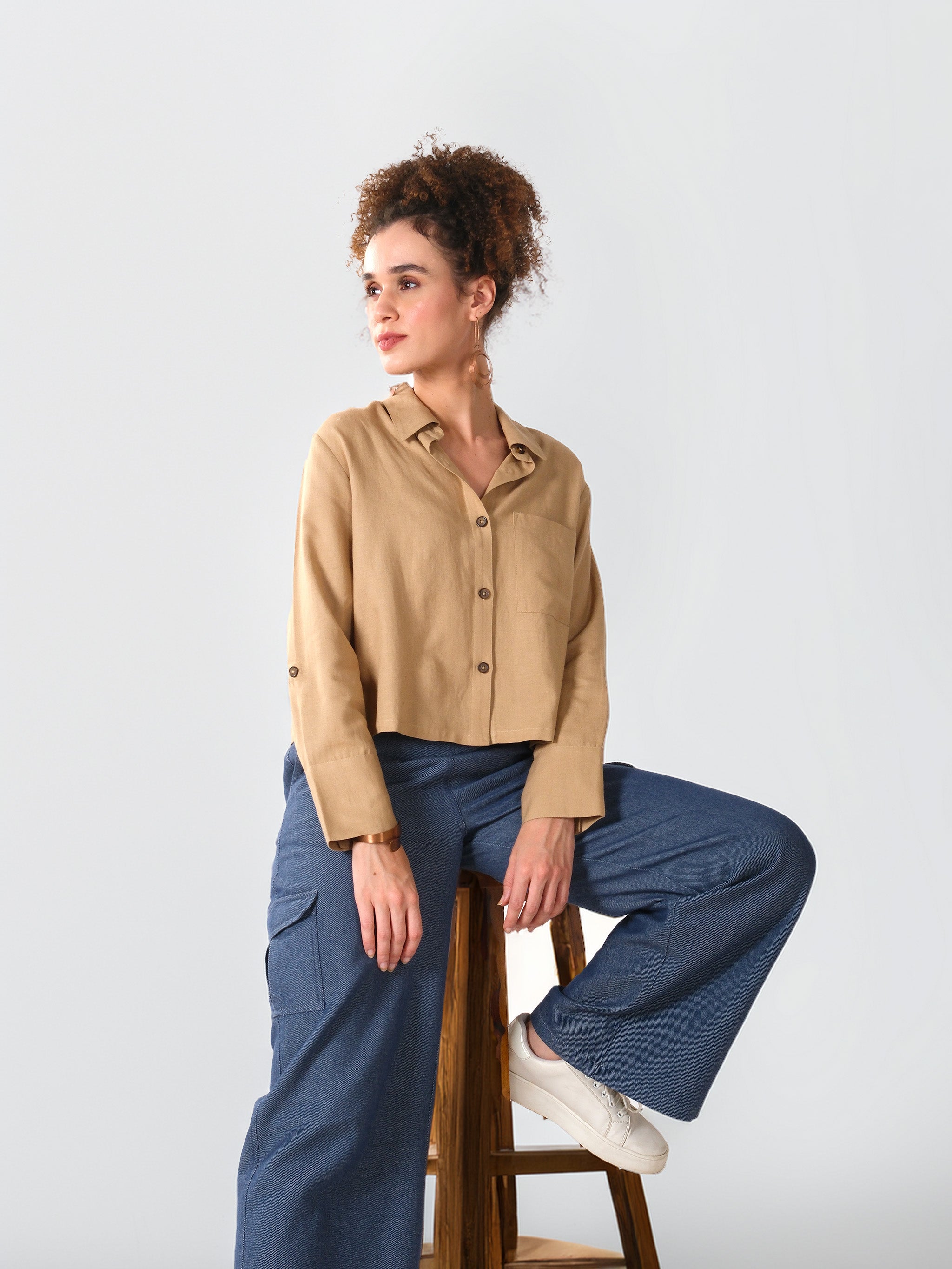 Chemise utilitaire en coton marron clair