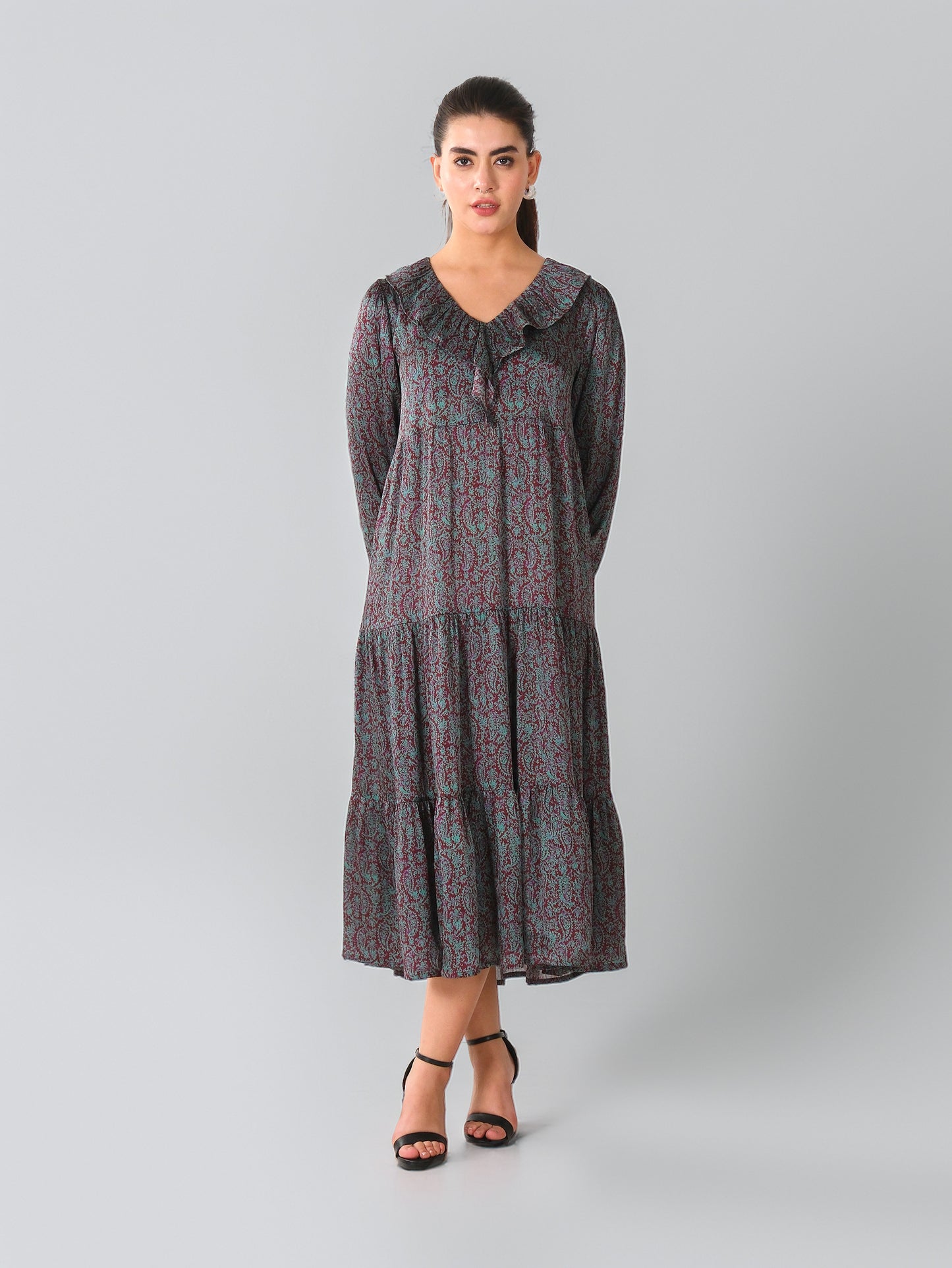 Paisley Print Ruffle Neck Maxi Dress