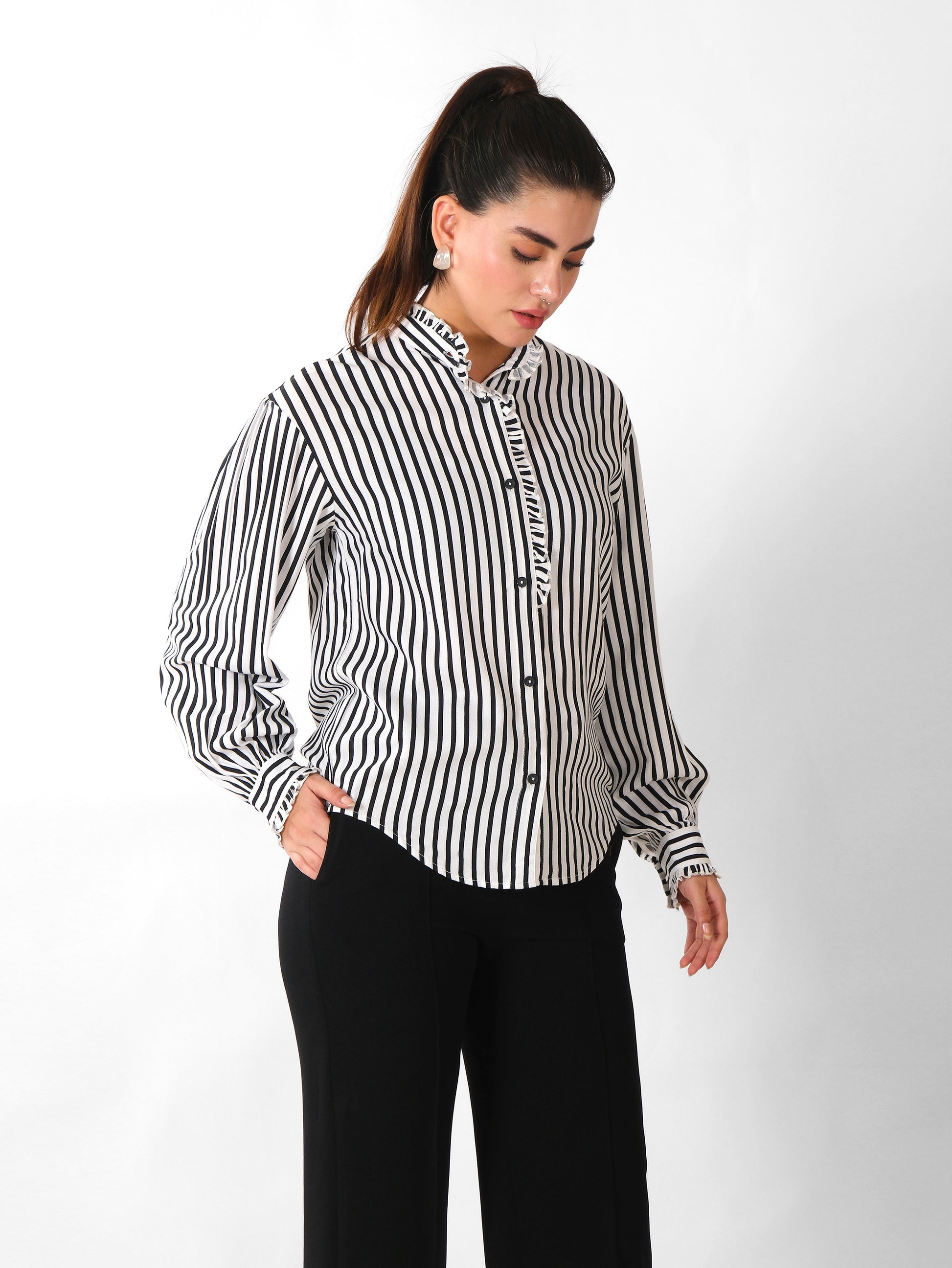 Black & White Vertical Striped Ruffle Collar Shirt