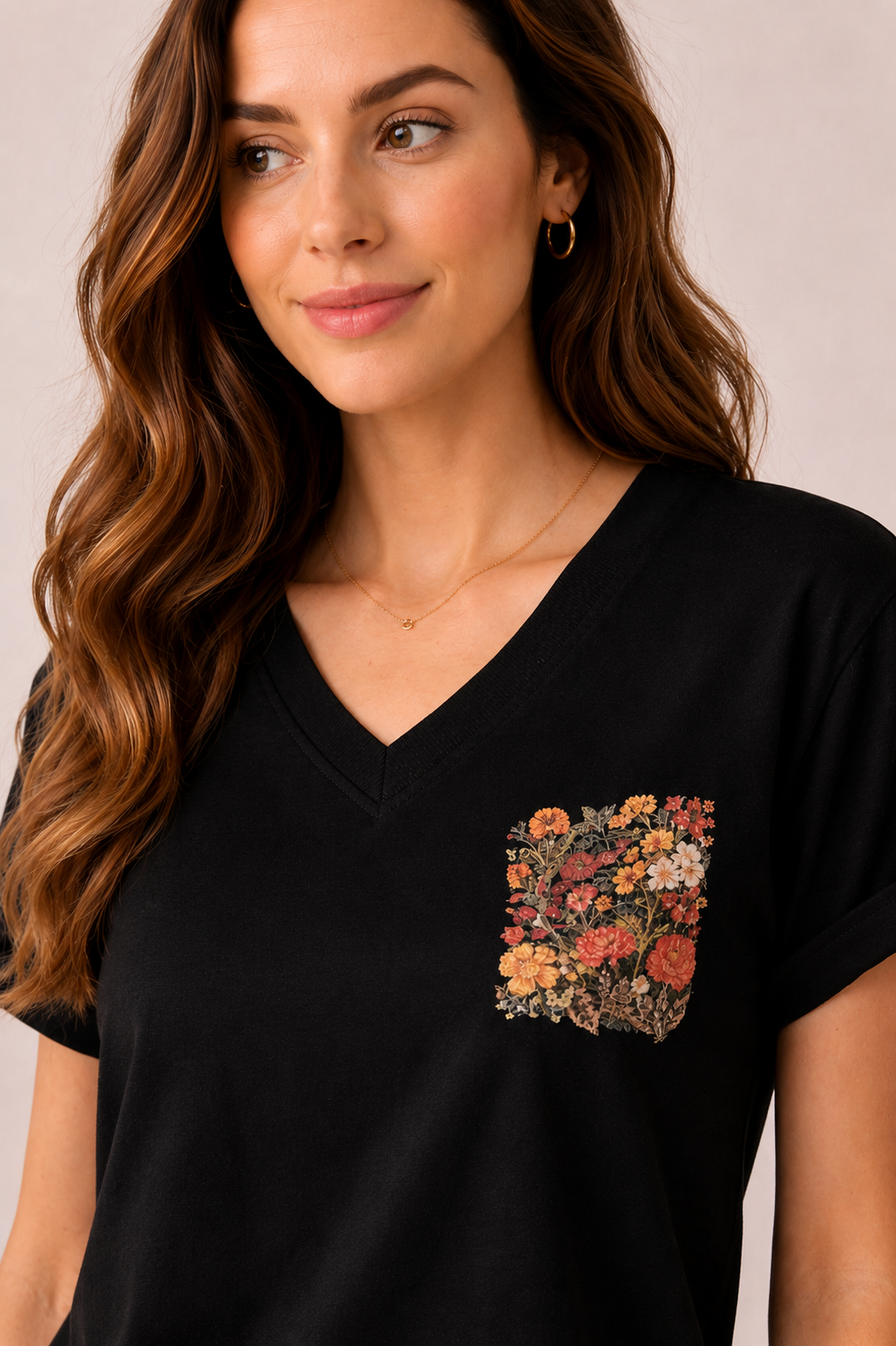 Women Black Floral Printed Pure Cotton Relaxed Fit V-Neck T-shirt