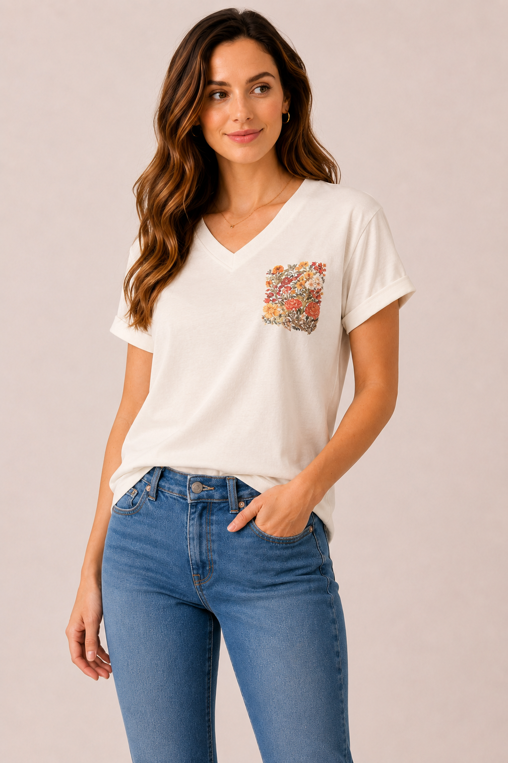 Women White Floral Printed Pure Cotton Relaxed Fit V-Neck T-shirt