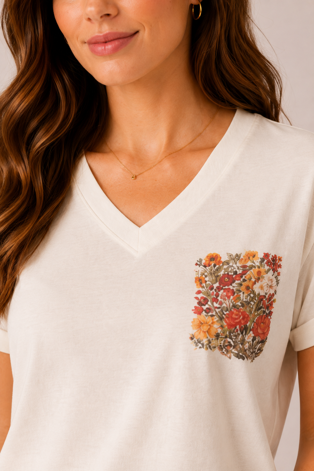 Women White Floral Printed Pure Cotton Relaxed Fit V-Neck T-shirt, saintly