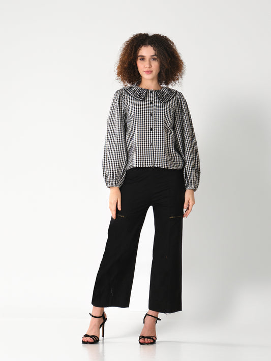 Monochrome Gingham Puff Sleeve Shirt