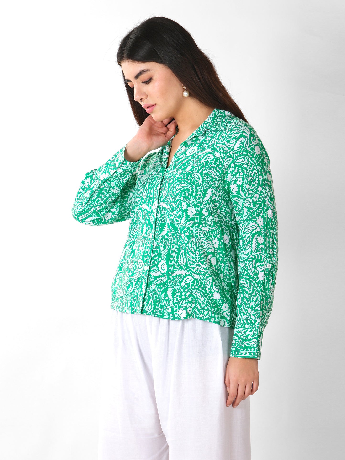 Chemise en coton imprimée à motifs cachemire verts