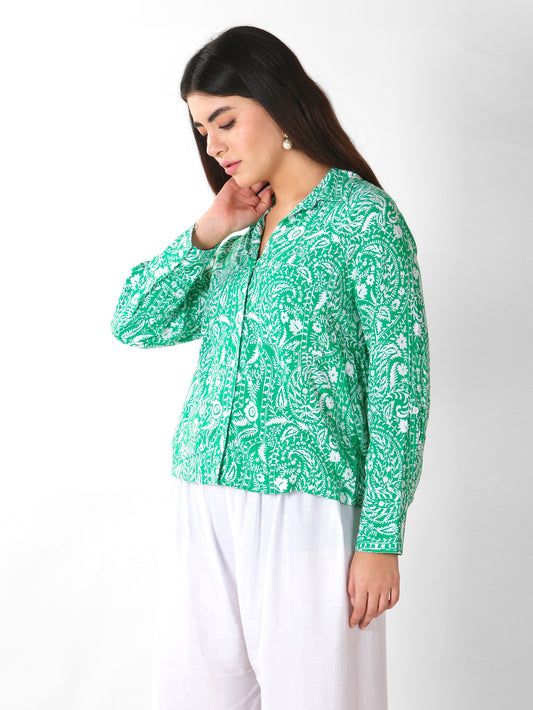 Green Paisley Printed Cotton Shirt