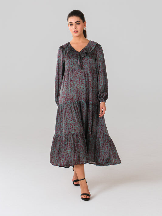 Paisley Print Ruffle Neck Maxi Dress