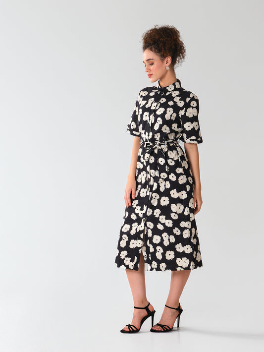 Black & Ivory Floral Printed Midi Shirt Dress