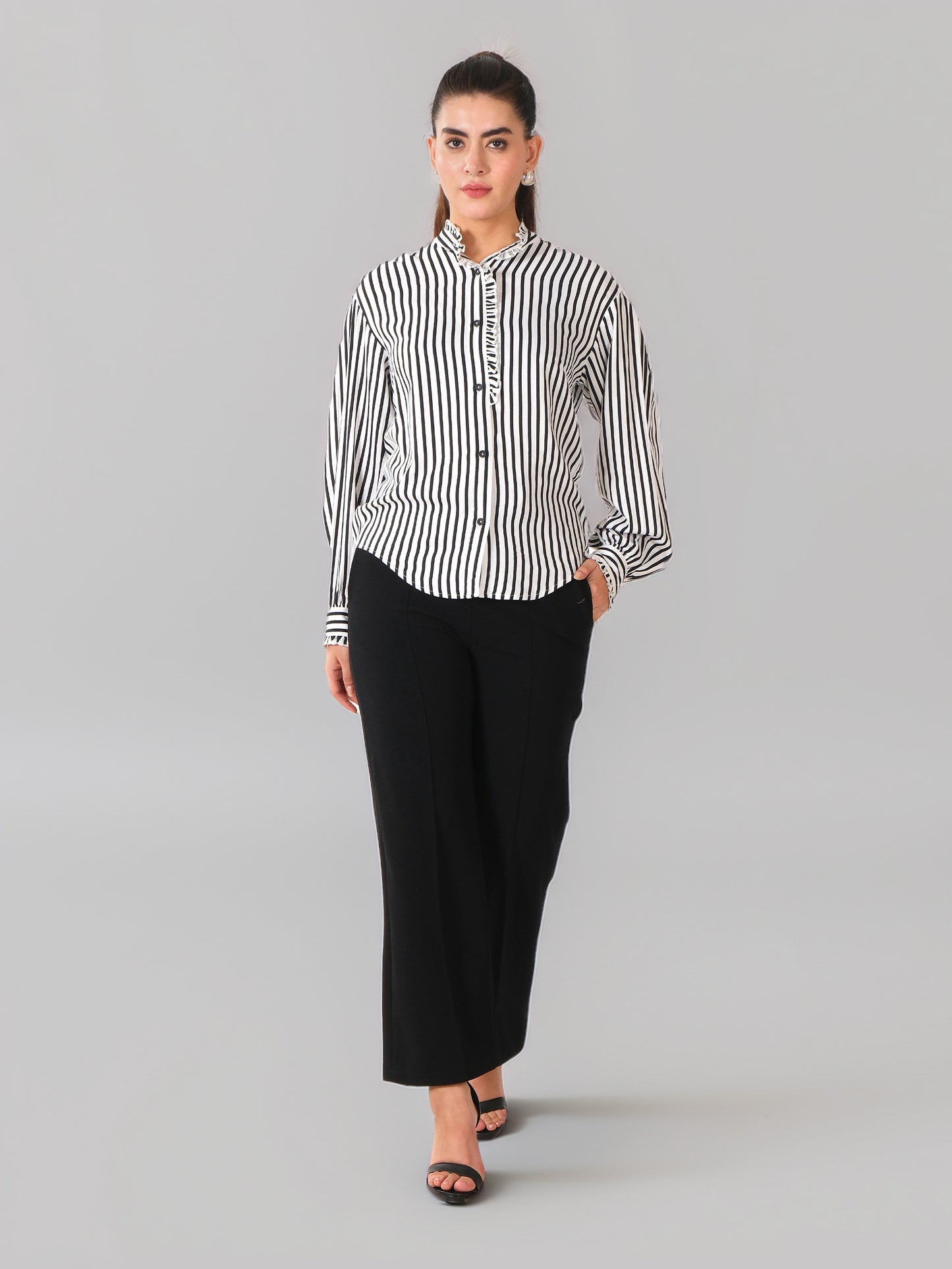 Black & White Vertical Striped Ruffle Collar Shirt