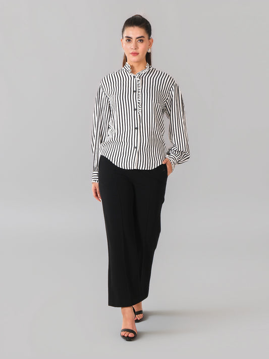 Black & White Vertical Striped Ruffle Collar Shirt