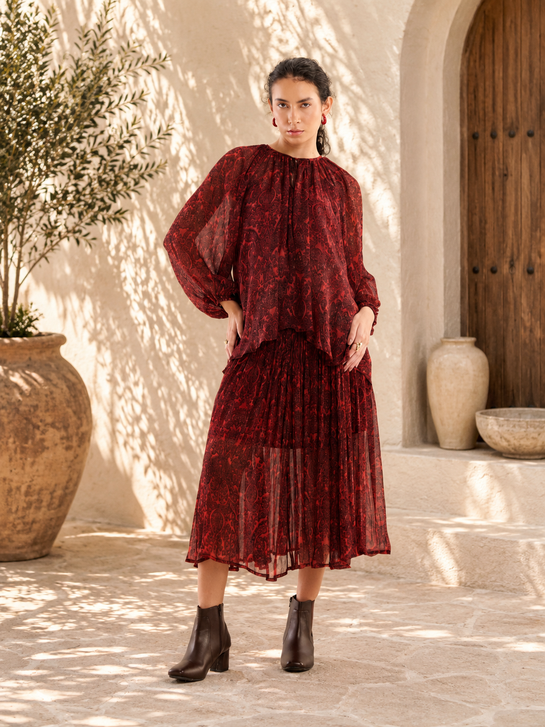 Burnt Brick Paisley Pleated Midi Dress