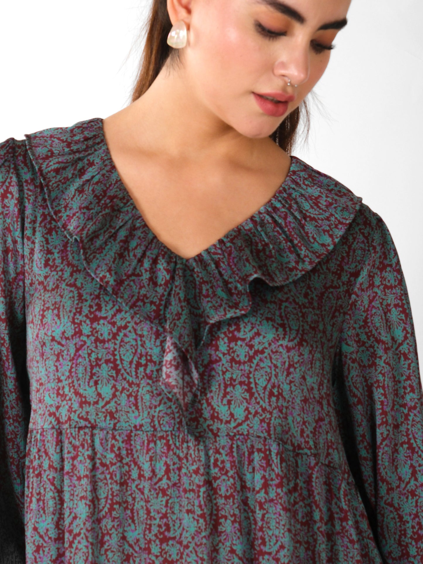 Paisley Print Ruffle Neck Maxi Dress