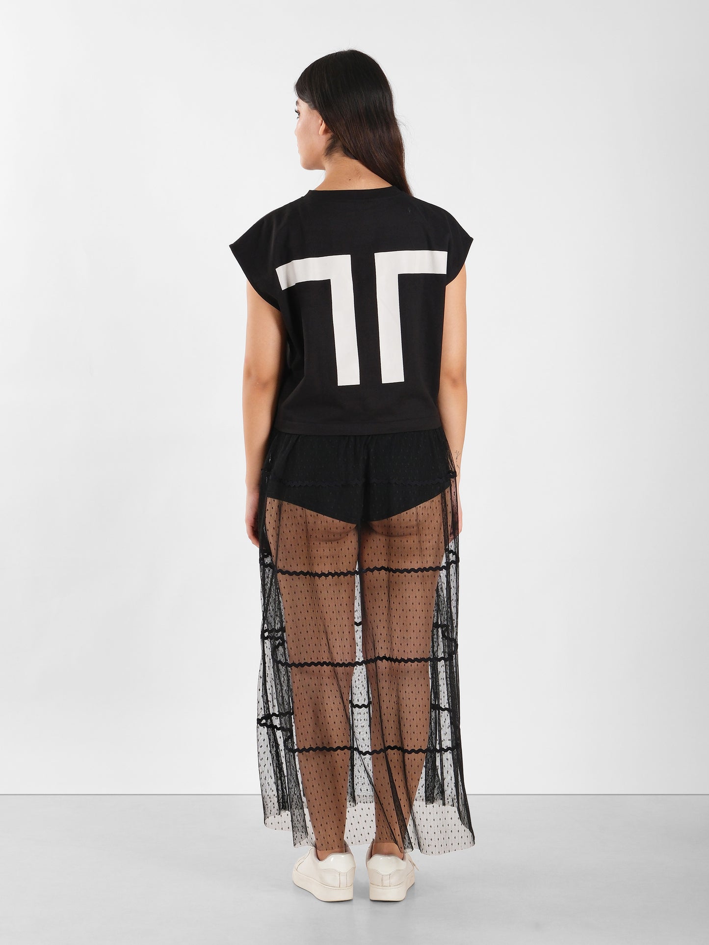 Black Mesh Overlay Jersey Dress