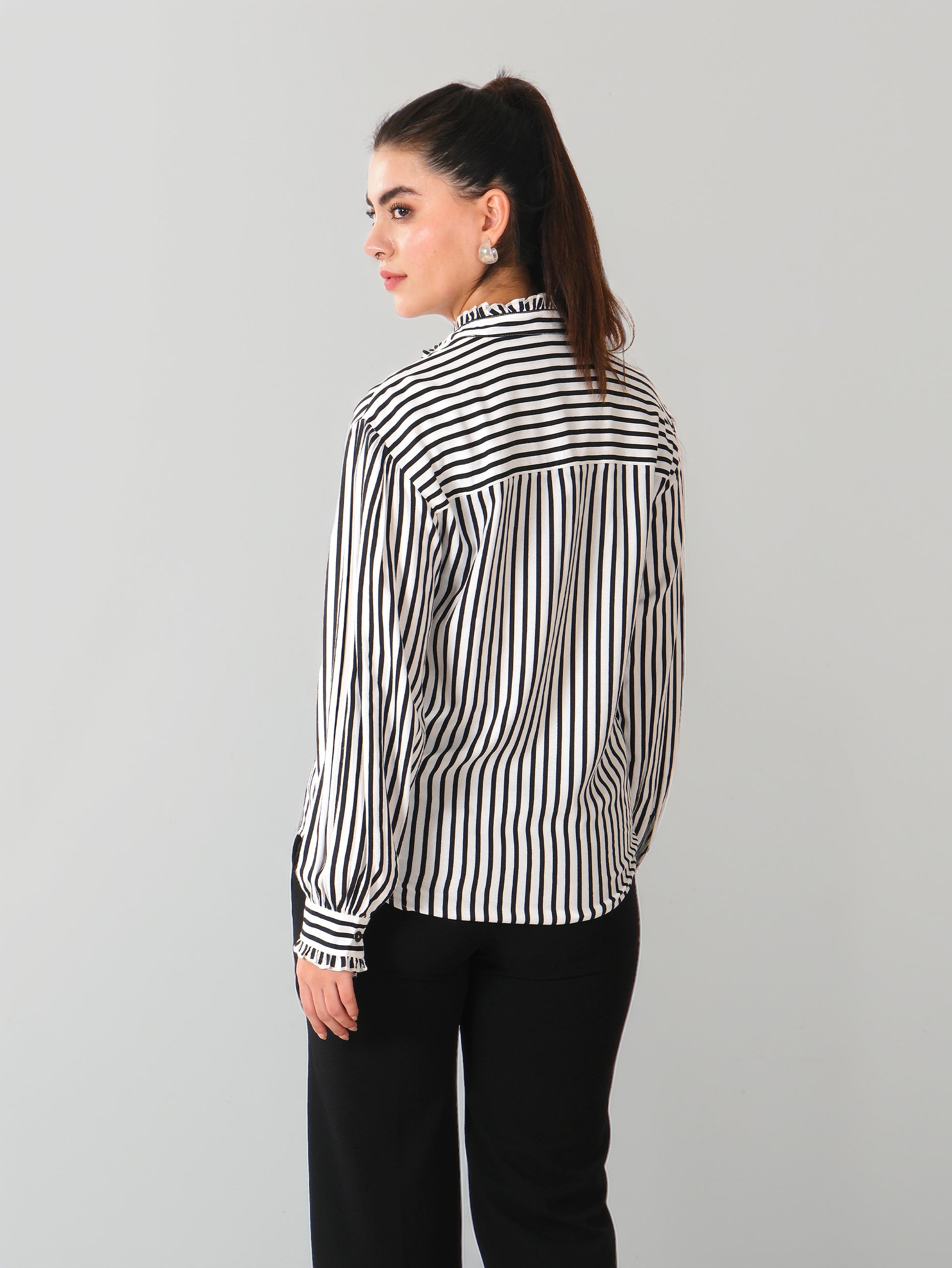 Black & White Vertical Striped Ruffle Collar Shirt