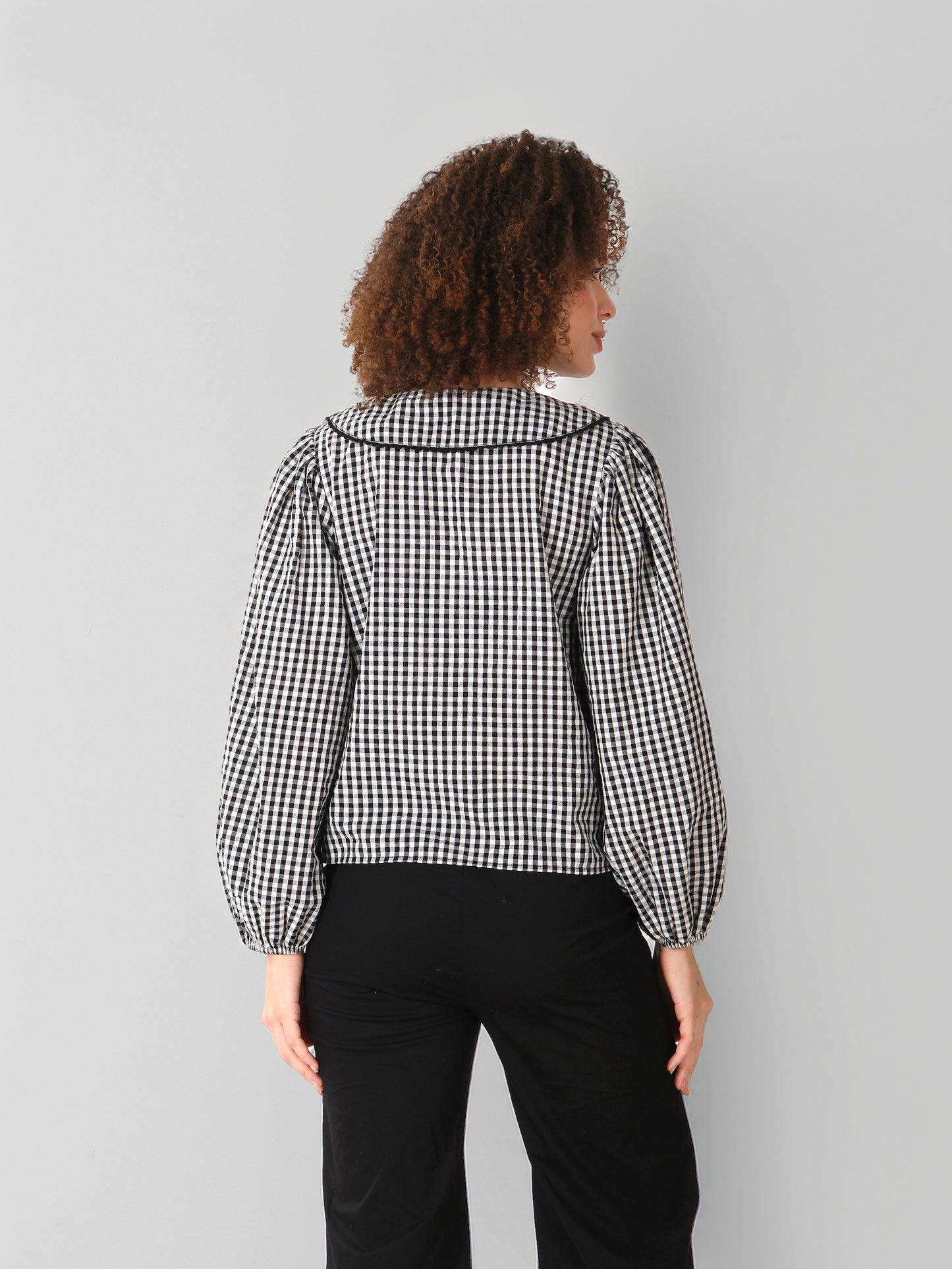 Monochrome Gingham Puff Sleeve Shirt
