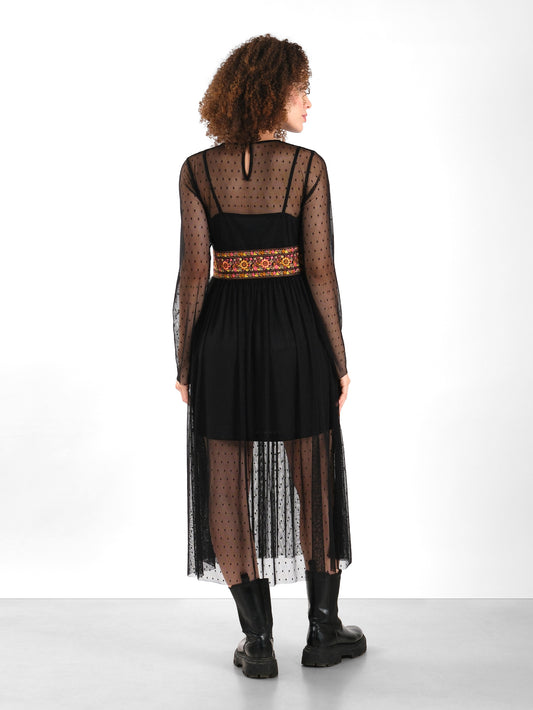 Embroidered Waist Sheer Mesh Black Dress