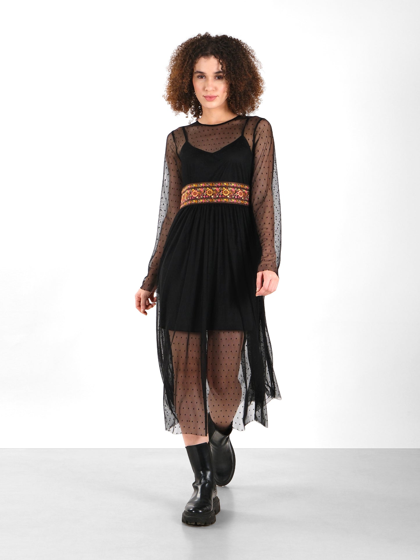 Embroidered Waist Sheer Mesh Black Dress