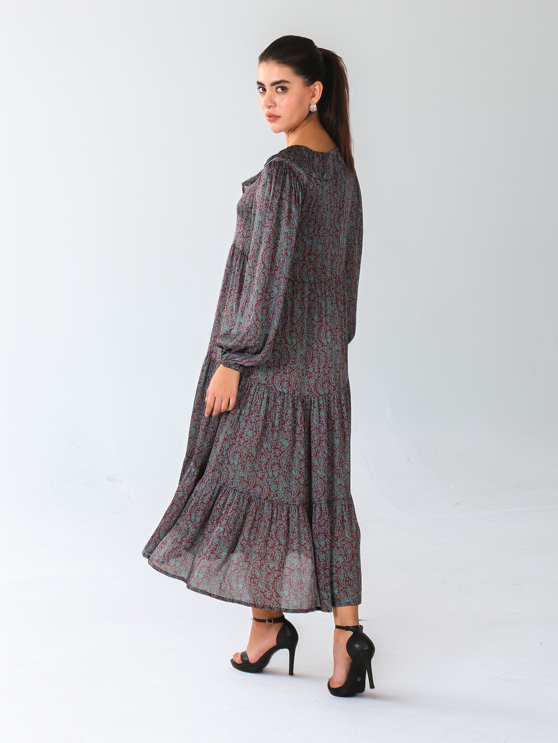 Paisley Print Ruffle Neck Maxi Dress