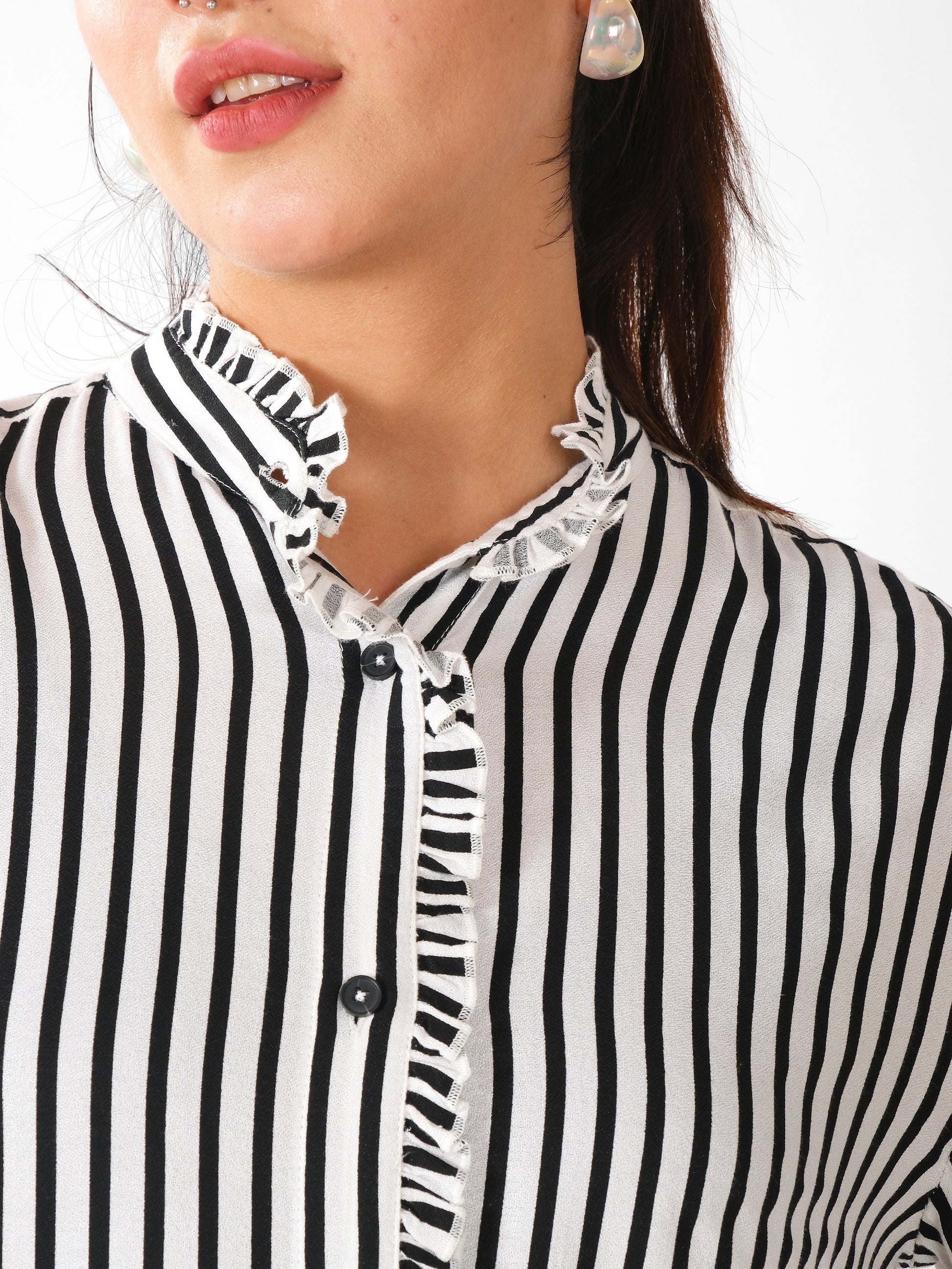 Black & White Vertical Striped Ruffle Collar Shirt