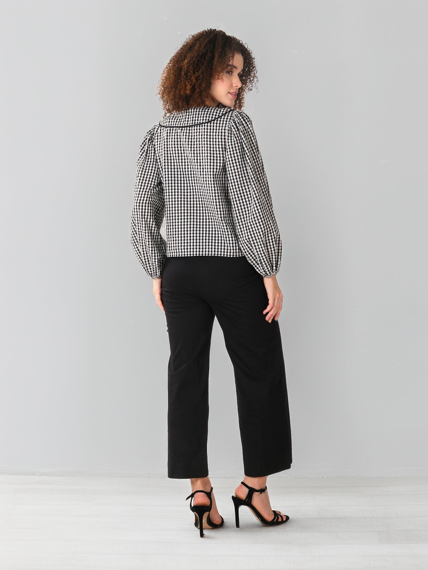 Monochrome Gingham Puff Sleeve Shirt