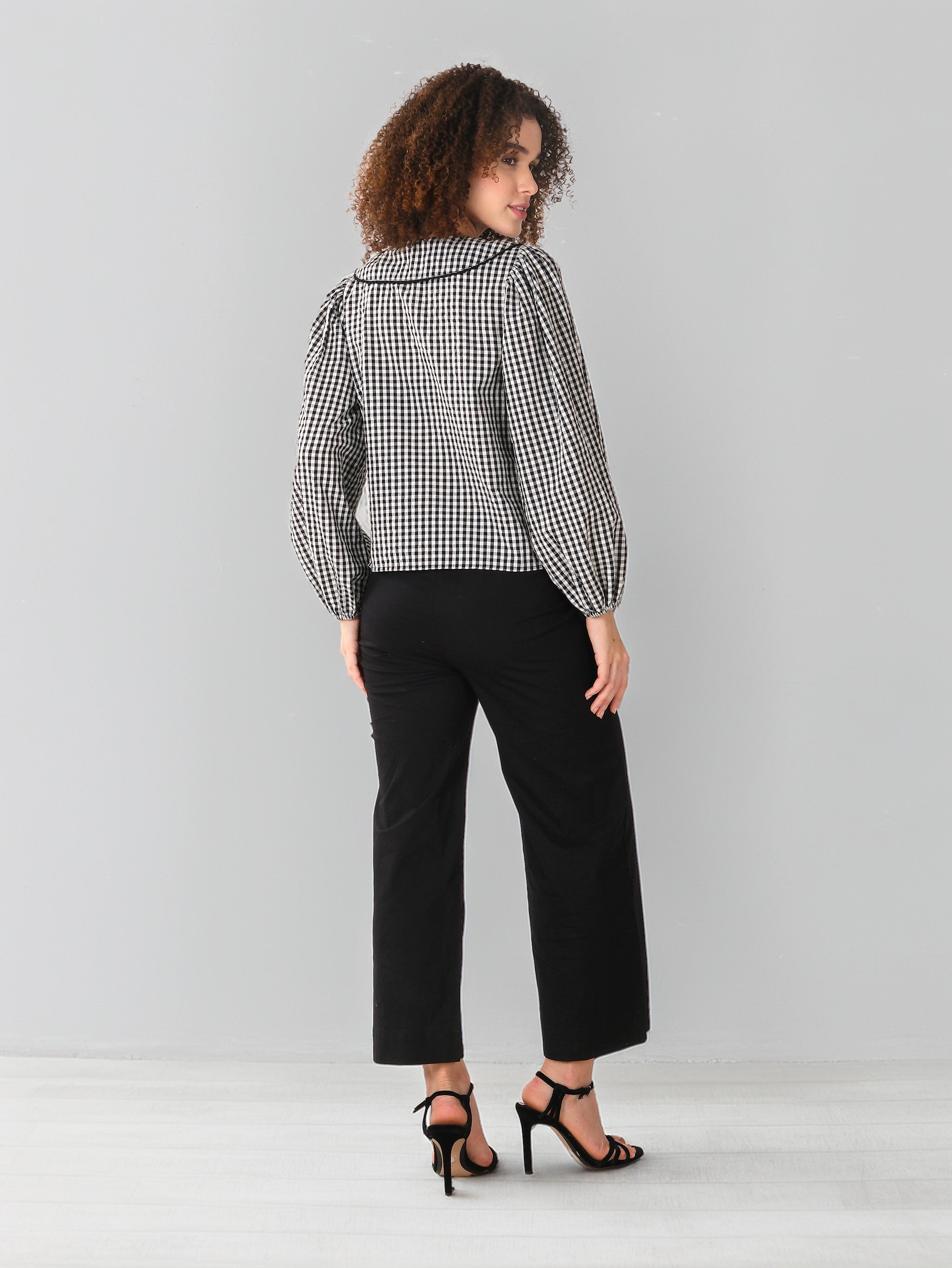 Monochrome Gingham Puff Sleeve Shirt