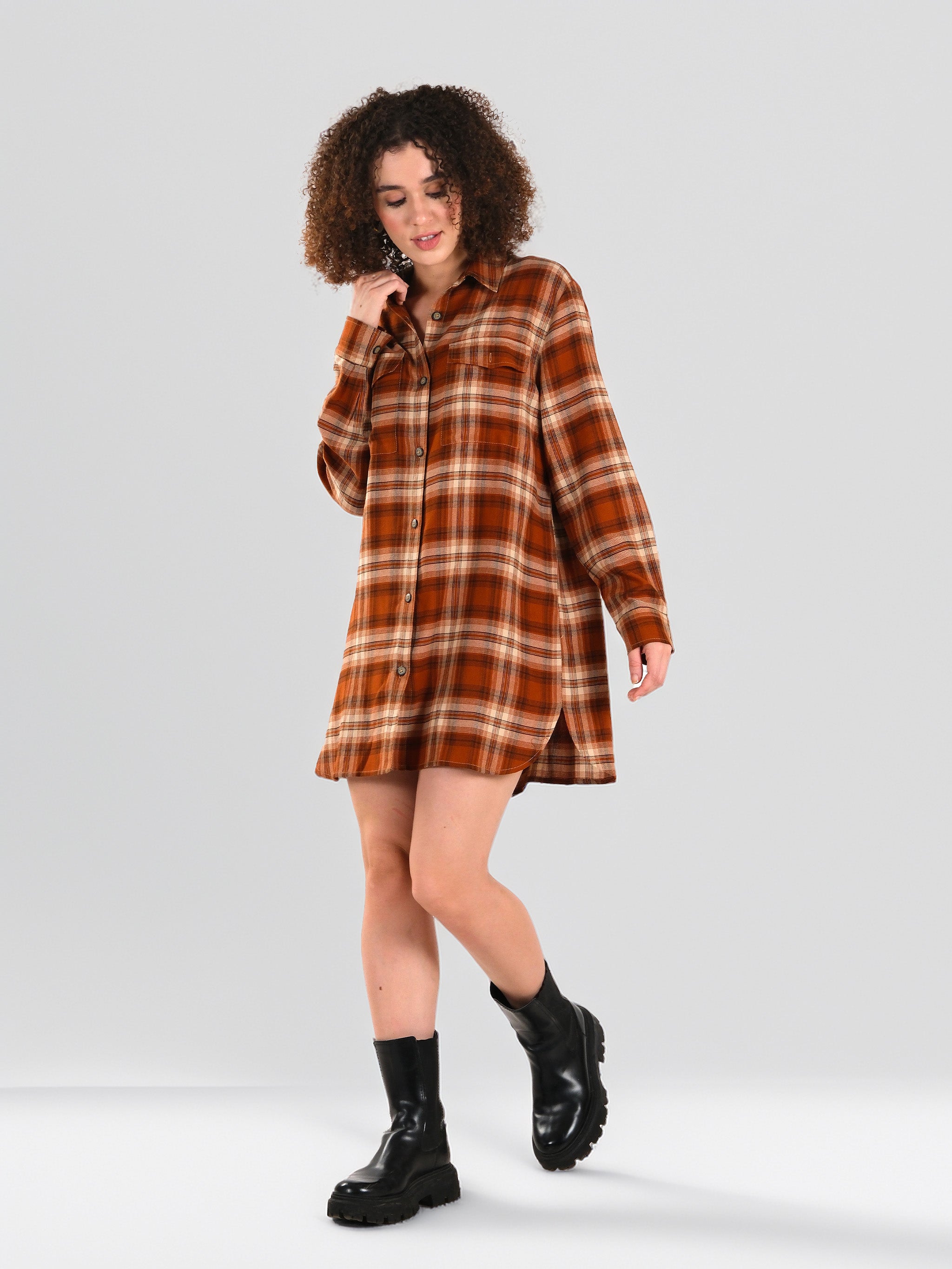 Robe chemise en flanelle à carreaux rouille
