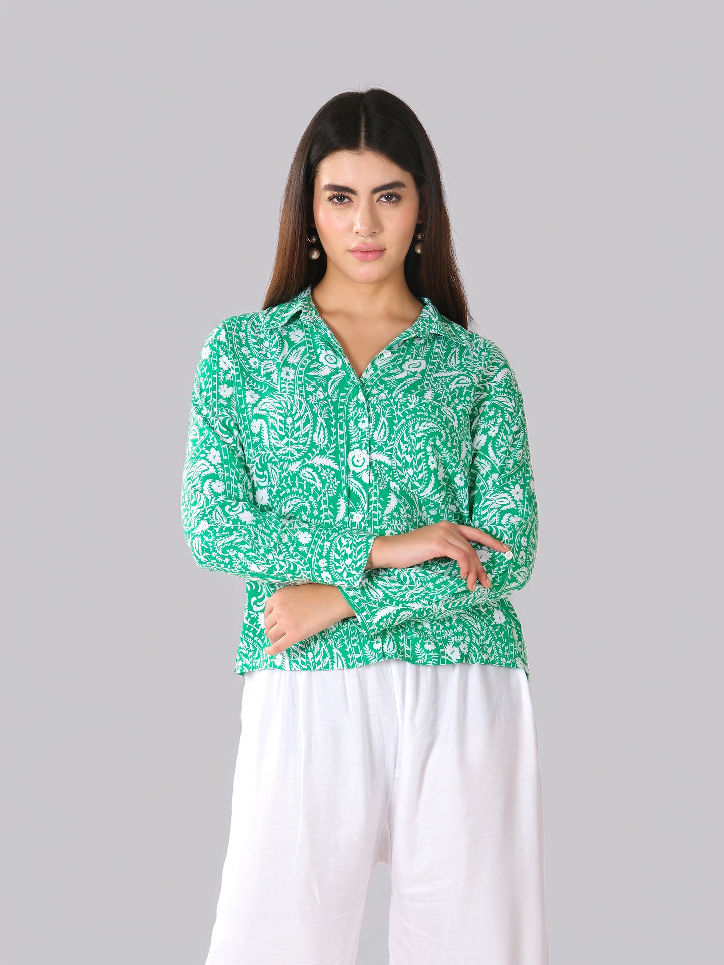 Chemise en coton imprimée à motifs cachemire verts