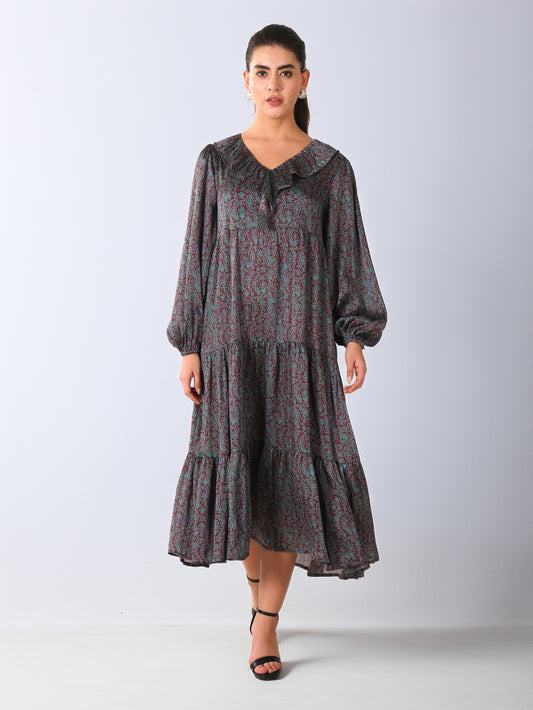 Paisley Print Ruffle Neck Maxi Dress