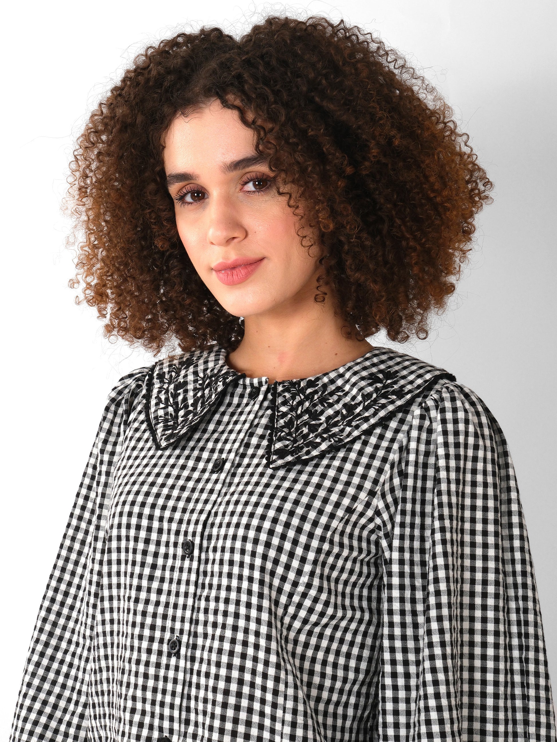 Monochrome Gingham Puff Sleeve Shirt
