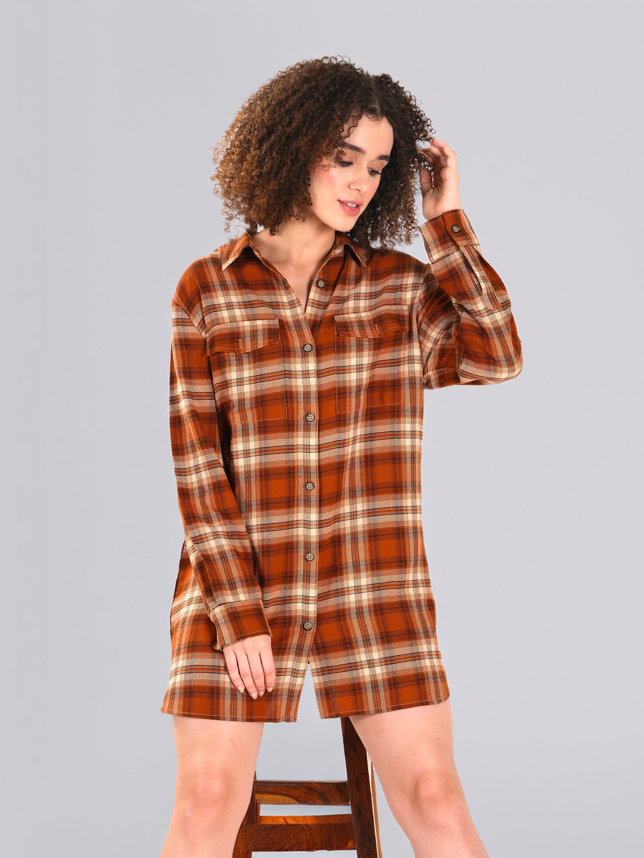 Rust Checked Flannel Shirt Dress