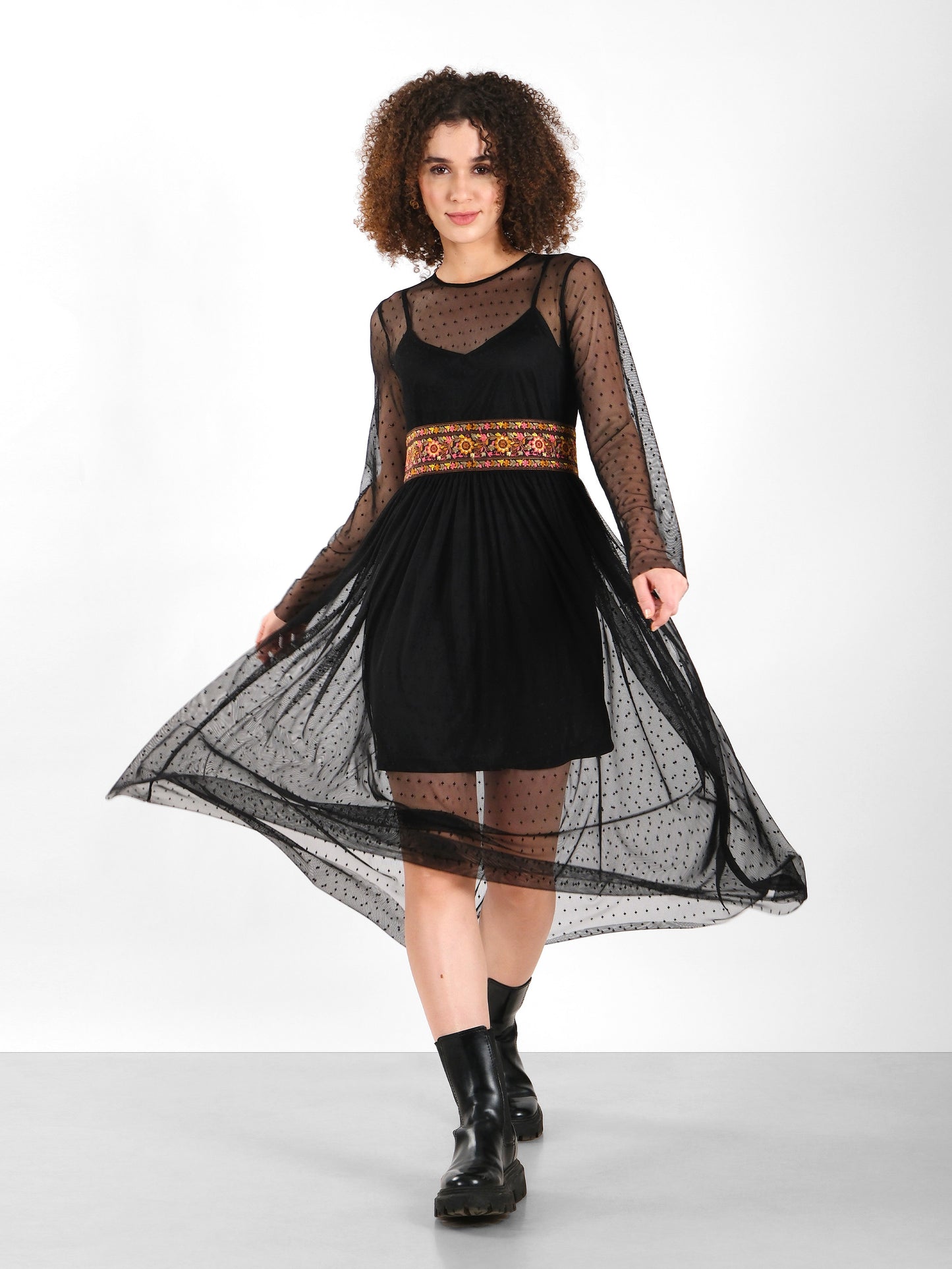 Embroidered Waist Sheer Mesh Black Dress