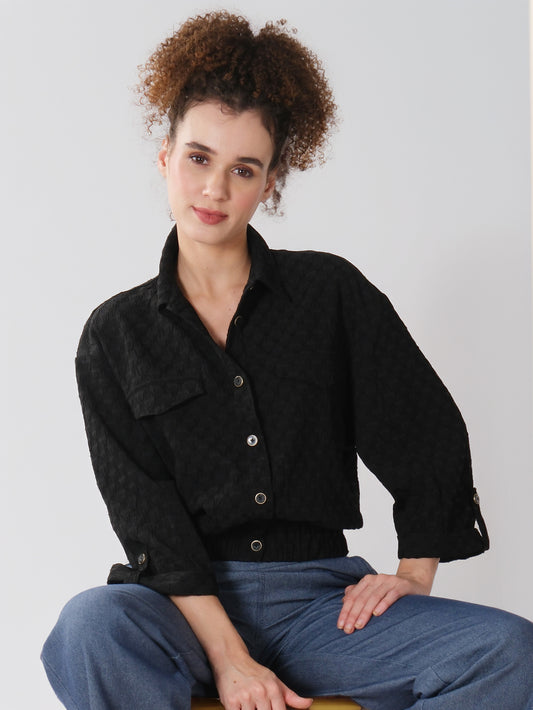 Black Textured Balloon Sleeve Shirt
