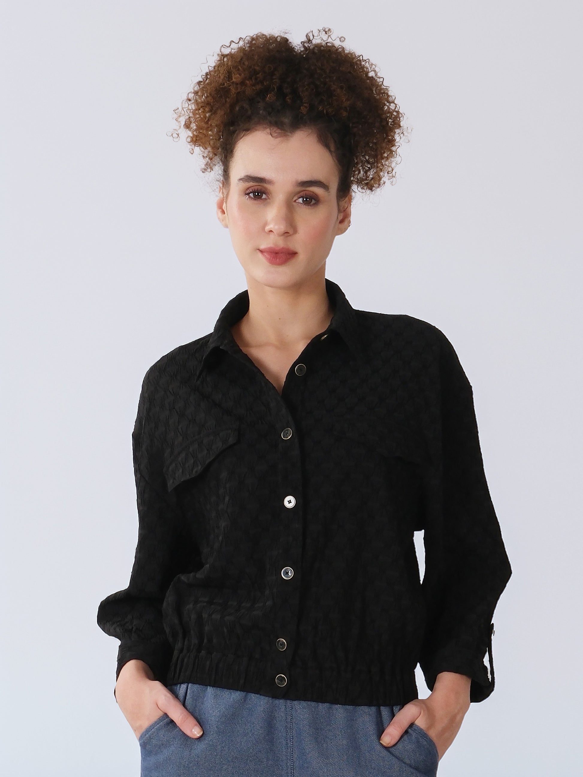 Black Textured Balloon Sleeve Shirt