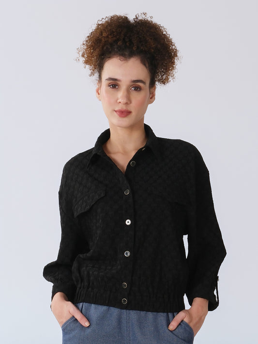 Black Textured Balloon Sleeve Shirt