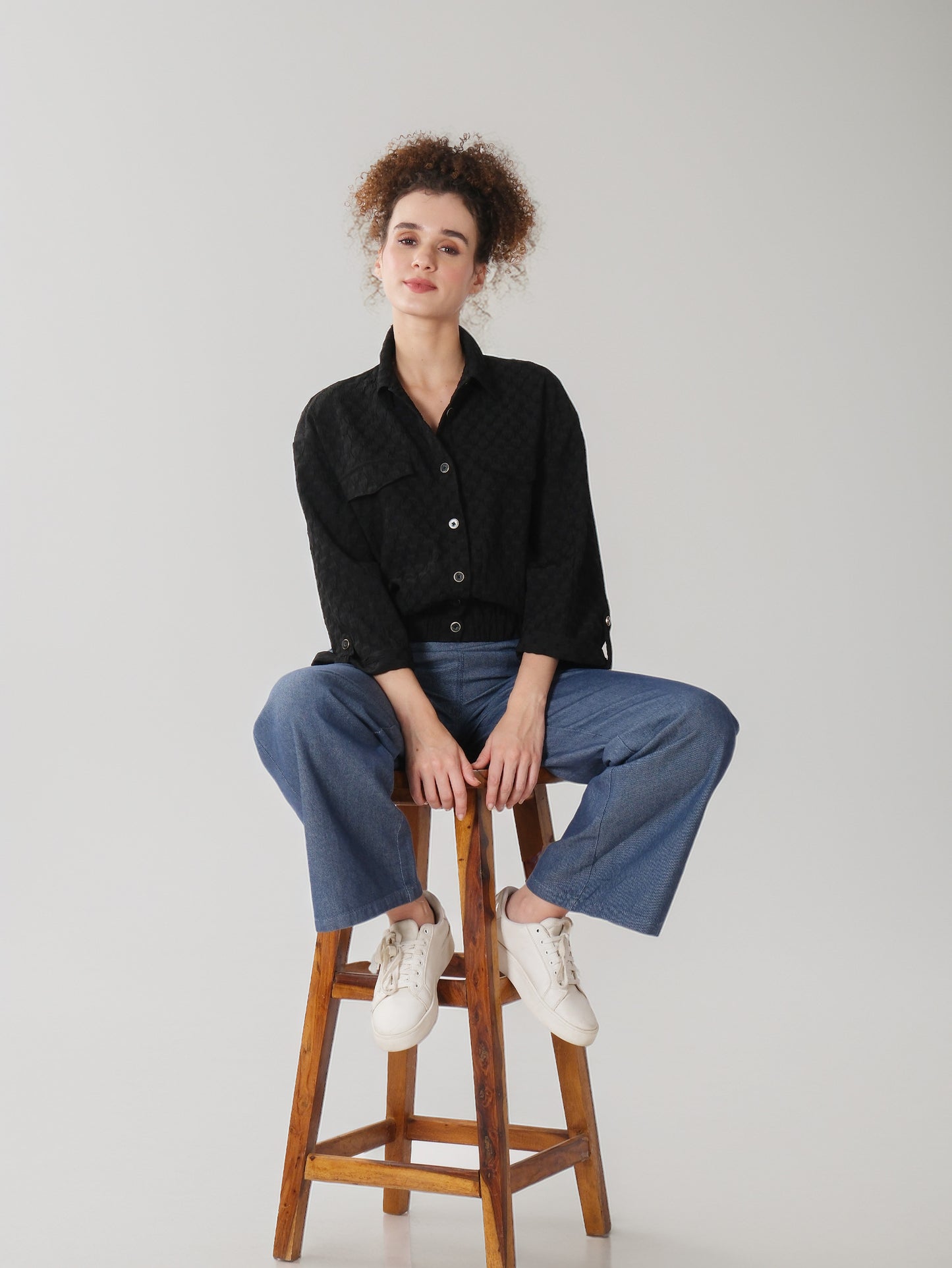 Black Textured Balloon Sleeve Shirt