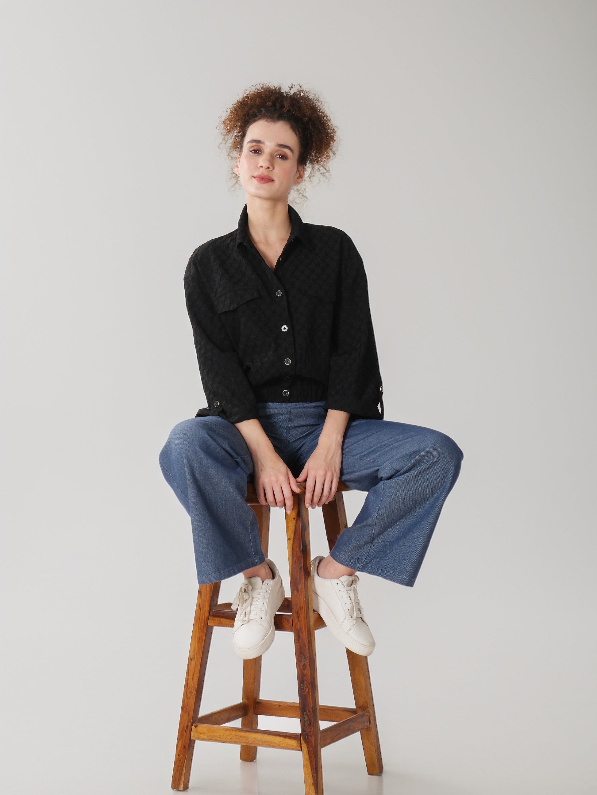 Black Textured Balloon Sleeve Shirt